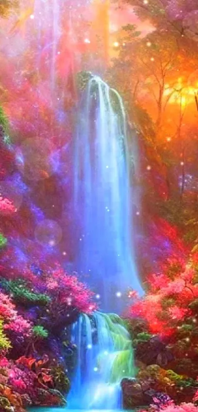 Fantasy forest with a waterfall and vibrant colors.