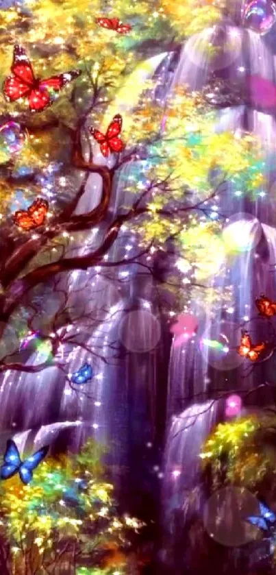 Enchanted forest with waterfalls and butterflies.