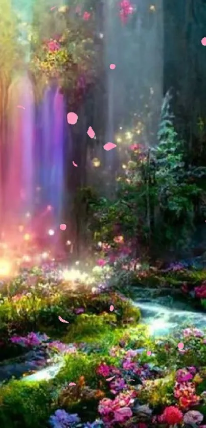 Mystical forest with waterfall and flowers in vibrant colors.