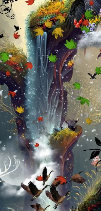 Enchanted forest wallpaper with a mystical waterfall and vibrant wildlife.