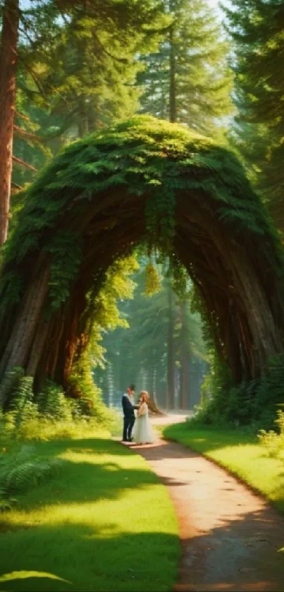 Romantic wedding under a forest archway with lush greenery.