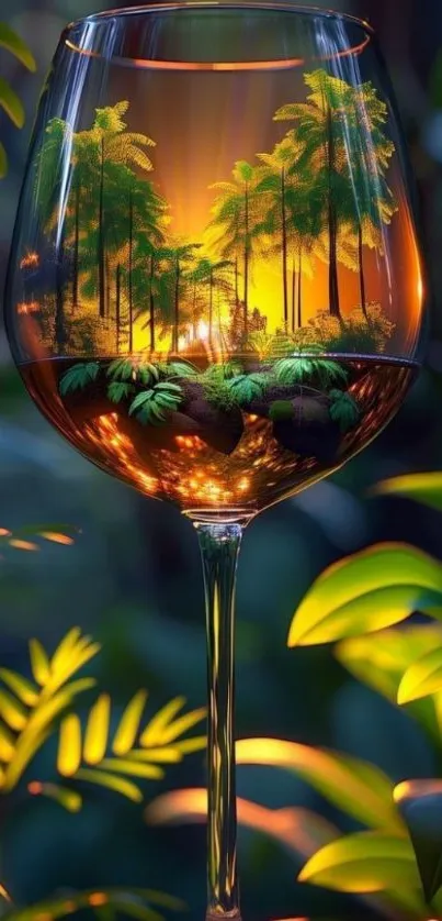 Tropical forest scene inside a glass with glowing sunset hues.