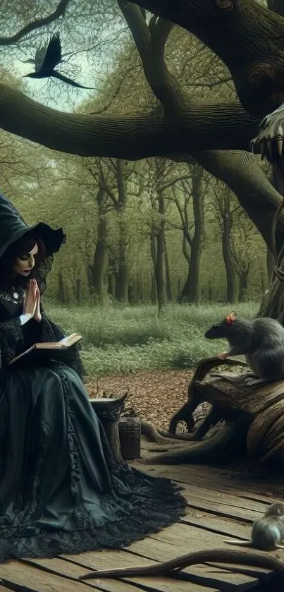 Dark witch seated in enchanted forest surrounded by mystical elements.