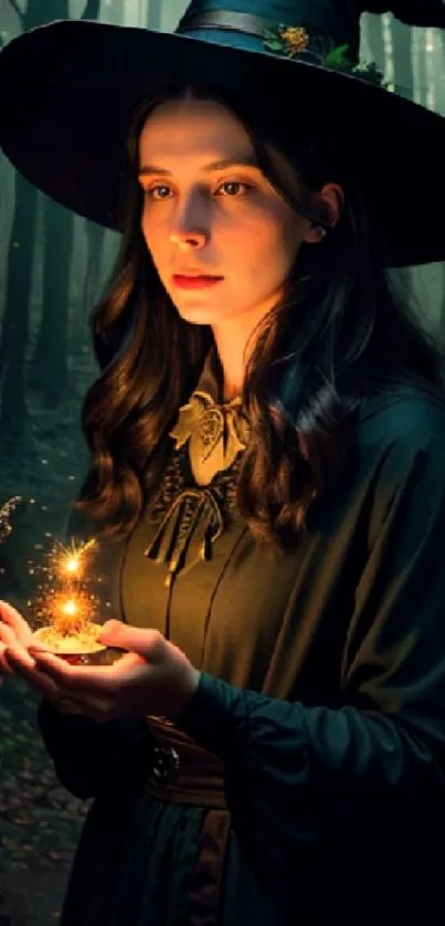 A mysterious witch holding a glowing light in a dark forest setting.