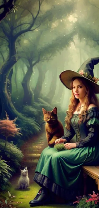 Witch in a green dress sits with cats in an enchanted forest setting.