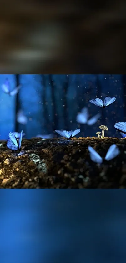 Enchanted forest at night with glowing blue butterflies and mushrooms.