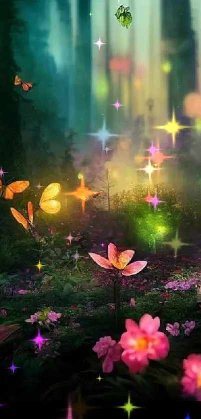 A mystical forest with glowing butterflies and vibrant flowers in an enchanted scene.