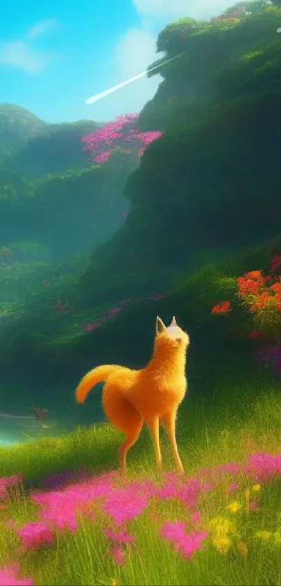 Whimsical fox in colorful forest landscape with lush greenery and flowers.