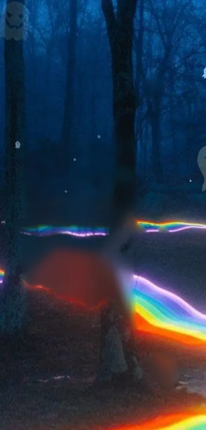 Ethereal forest with rainbow paths and ghostly figures at night.