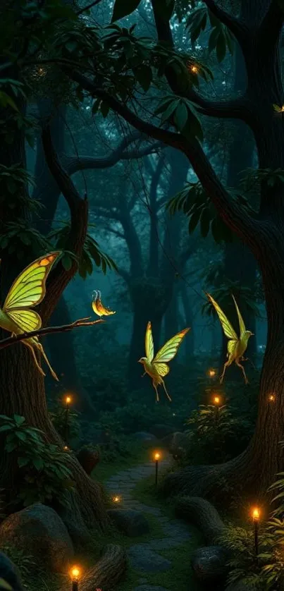 A mystical forest scene with glowing butterflies and magical light.