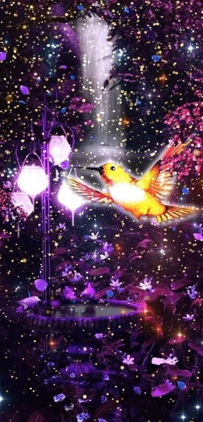 Vibrant hummingbird in purple forest with a glowing waterfall.