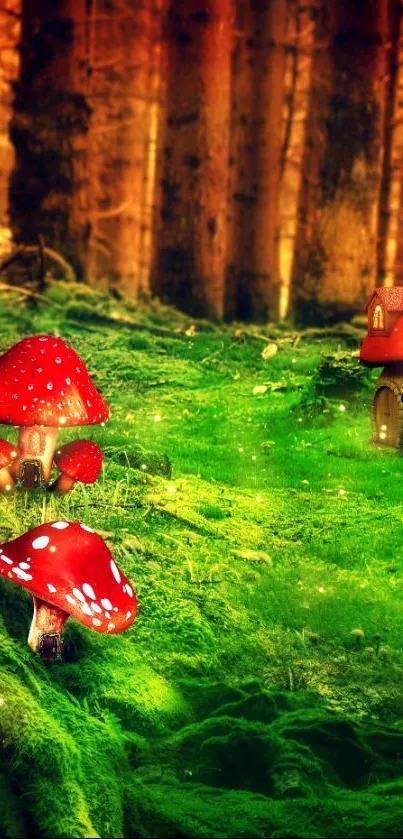 Magical forest scene with red mushrooms and green moss.