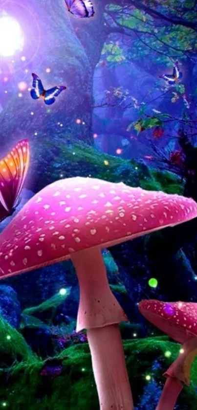 Magical forest with glowing pink mushrooms and butterflies.