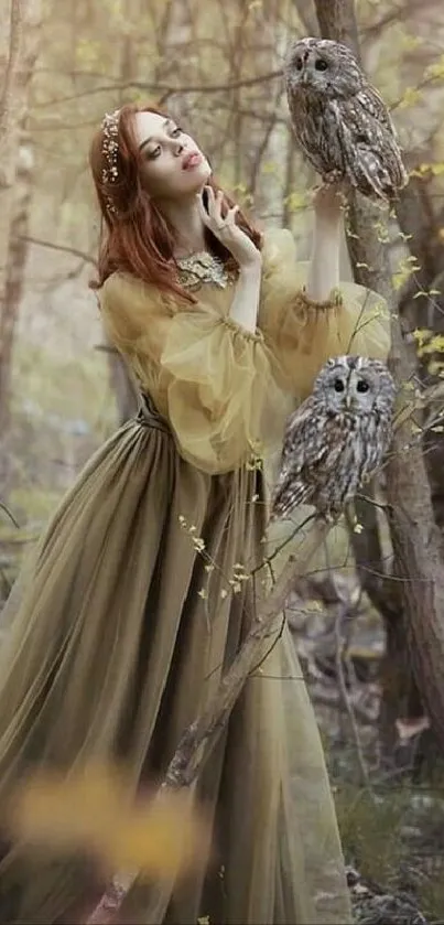 Woman in flowing gown with owls in a mystical forest.