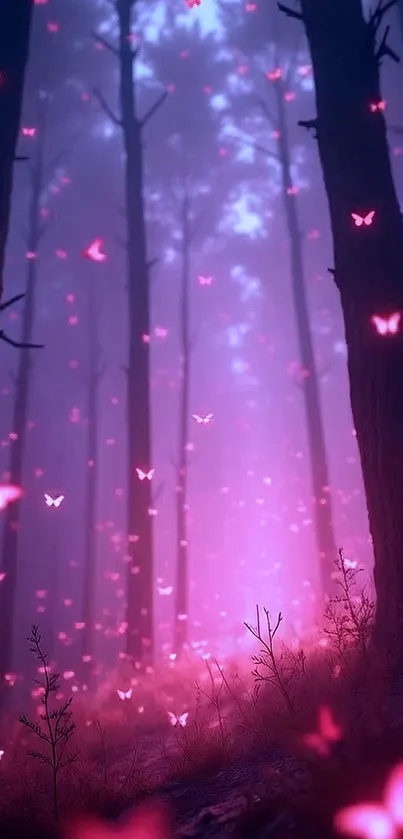 Magical pink butterflies in mystical forest.