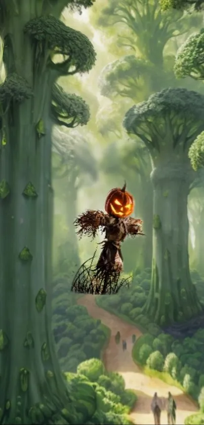 Mystical forest wallpaper with pumpkin scarecrow among tall trees.