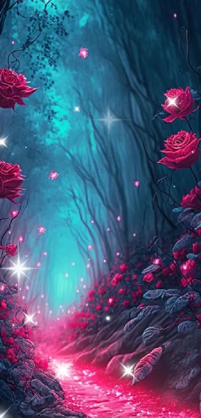 Enchanted forest with glowing path and red roses mobile wallpaper.