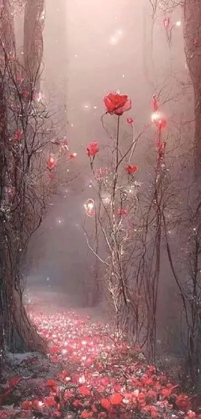 Enchanted forest path with glowing red roses.