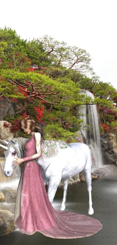 Fantasy scene with unicorn and waterfall in forest setting.