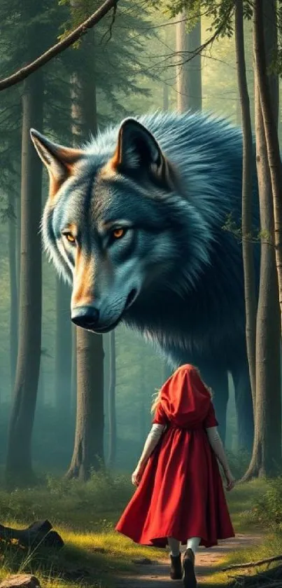 Fantasy wallpaper of giant wolf meeting a red-cloaked figure in a forest.