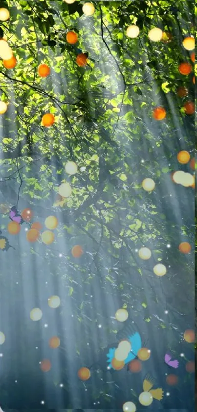 Wolf in mystical forest with light beams and colorful orbs.