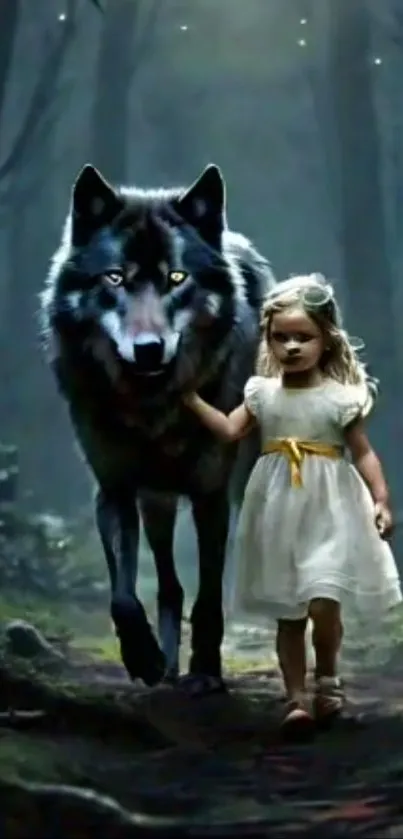 A girl walks with a wolf in a mysterious forest at twilight.