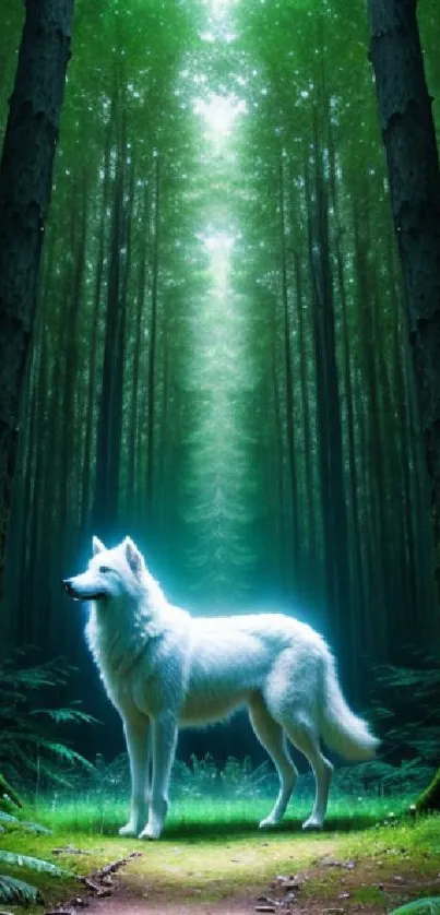 White wolf stands in a mystical green forest under a glowing canopy.