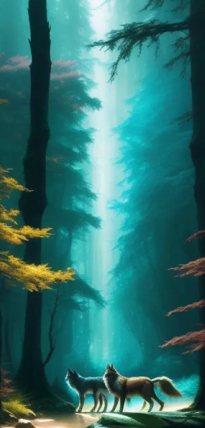 Two wolves in an enchanted forest with teal light rays and vibrant trees.