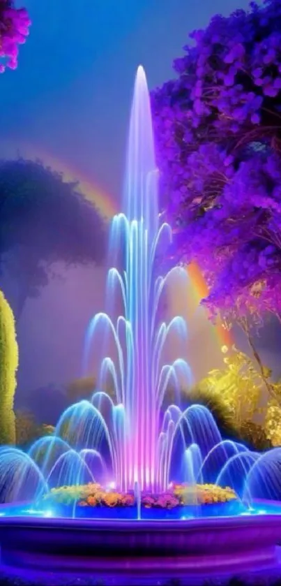 Vibrant fountain in a purple-lit mystical garden, creating a dreamlike scene.