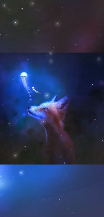 Fox mesmerized by glowing jellyfish in deep blue fantasy setting.