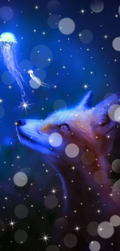 Fox gazing at glowing jellyfish in magical blue night scene wallpaper.