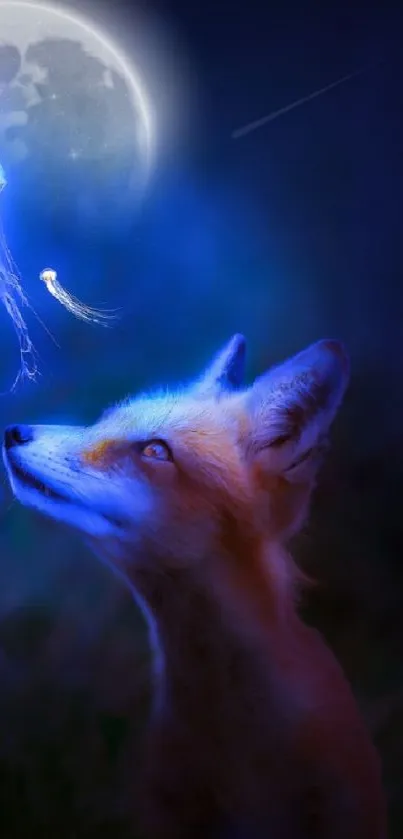 Fox gazing at moonlit jellyfish in mystical night scene.