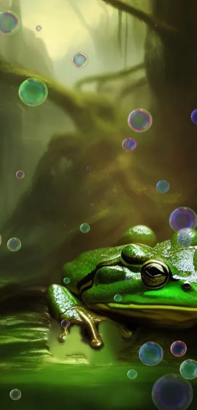 Green frog with bubbles in a mystical forest scene.