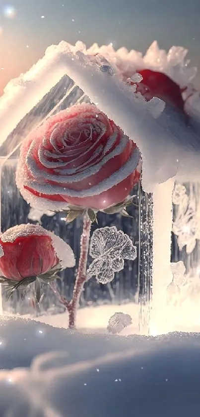 Frosted rose encased in an ice sculpture with winter backdrop.