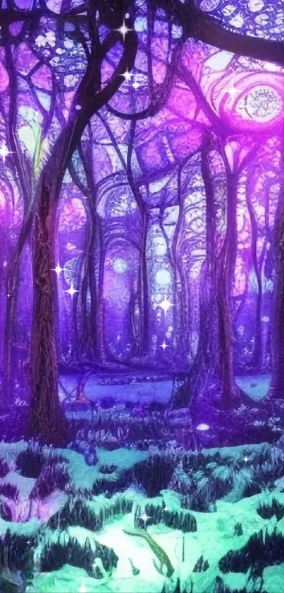 Enchanting galaxy forest with purple hues and mystical trees.