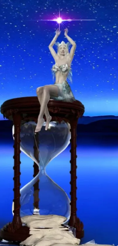 Ethereal figure on hourglass under blue starry sky wallpaper.