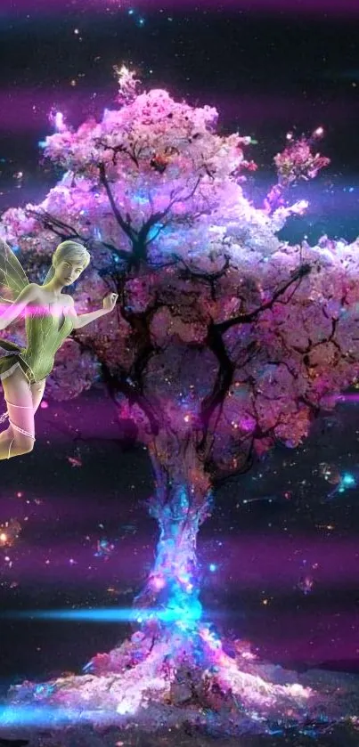 Enchanted tree with galaxy and fairy, glowing in purple hues.