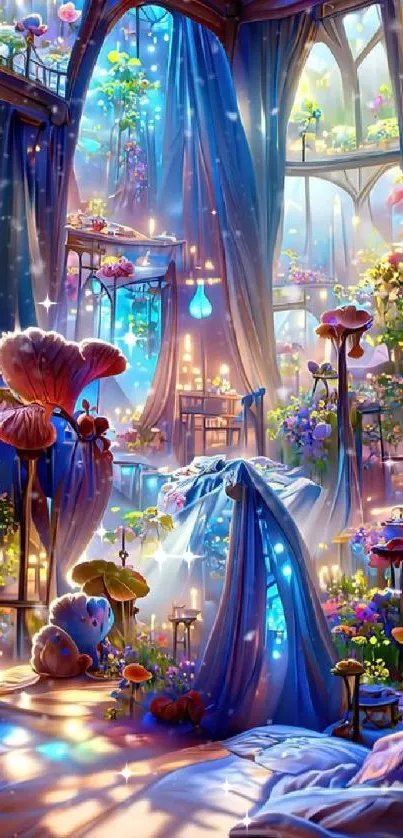 An enchanted garden bedroom with vibrant flowers and magical light.