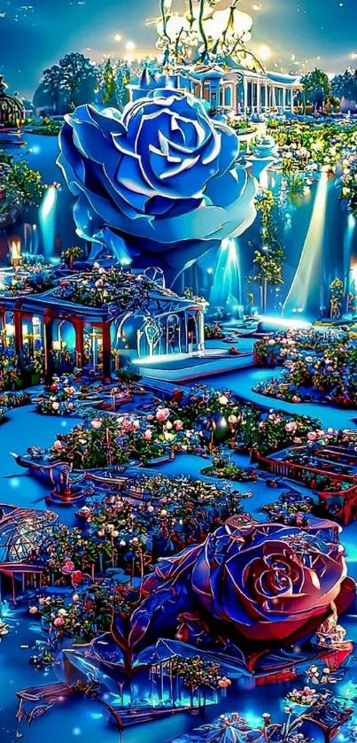 Blue rose garden with vibrant hues and enchanting scenery.