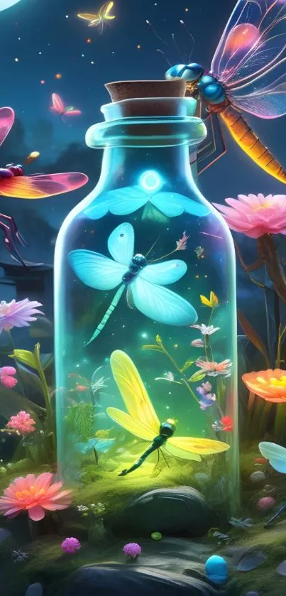 Magical dragonfly scene in a bottle with vibrant flowers.