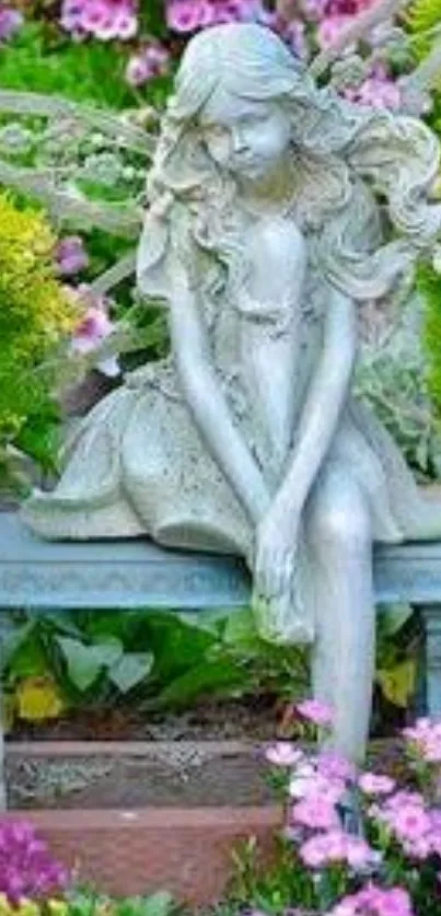 Enchanting garden fairy statue amidst vibrant flowers.