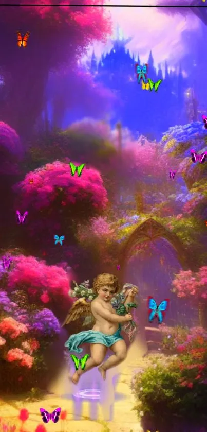 A fantasy scene with a cherub, flowers, and butterflies in an enchanted garden.