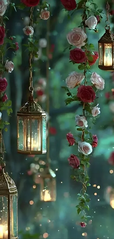 Lanterns and roses create an enchanting garden scene.