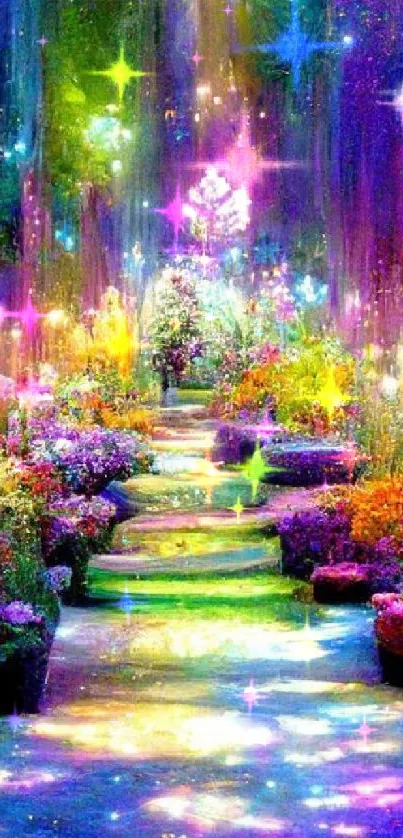 Colorful enchanted garden with vibrant lights and flowers.