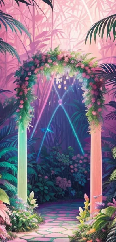 Enchanted garden wallpaper with glowing archway and vibrant pink foliage.