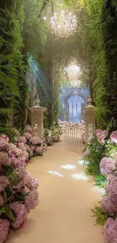 Enchanted garden path with lush greenery and elegant gates.