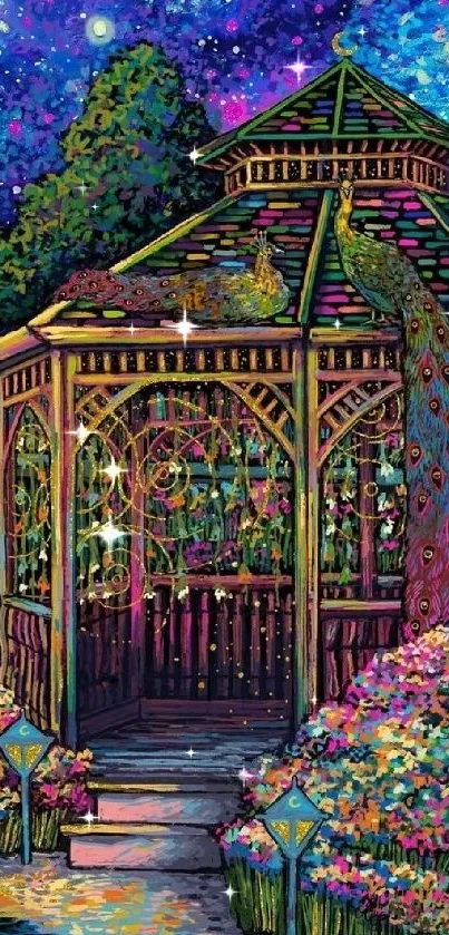 Enchanted garden with gazebo under a vibrant starlit sky.