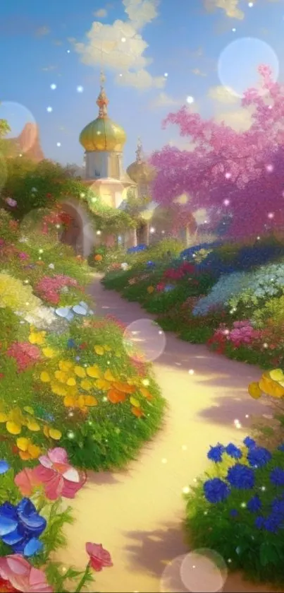 Enchanting garden path with colorful flowers and golden domed architecture.