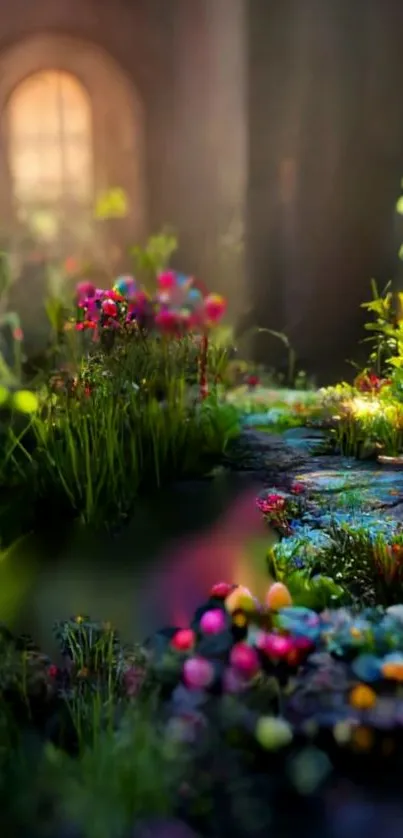 Enchanted garden pathway with vibrant flowers and lush greenery.