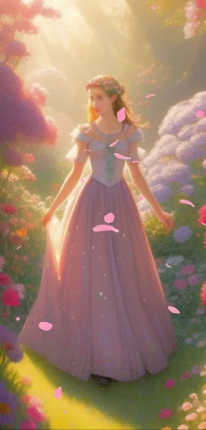 A princess in a floral dress in an enchanted garden with colorful flowers.